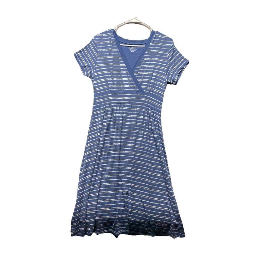 L.L. Bean Short Sleeve Comfort Jersey Dress S Pet Blue & White Stripe V-Neck